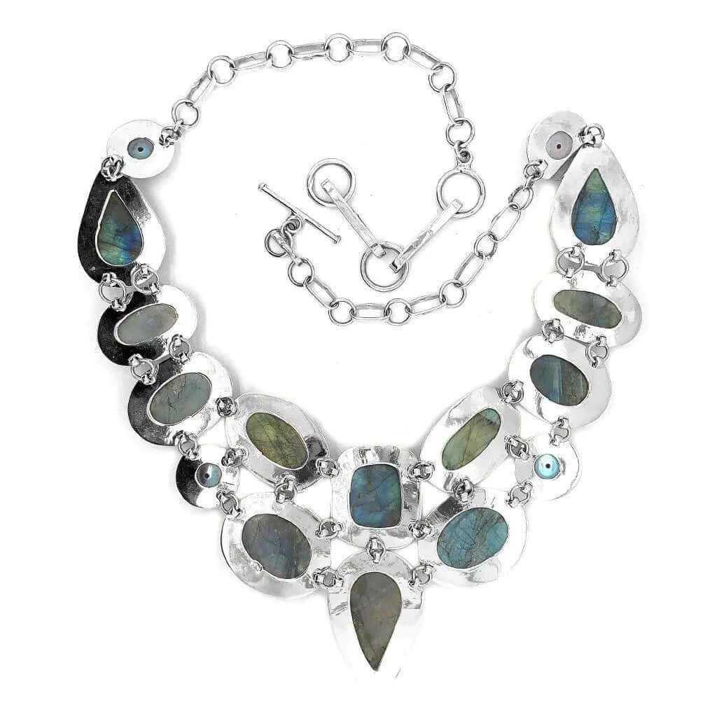Labradorite Pearls Silver Necklace top - Nueve Sterling