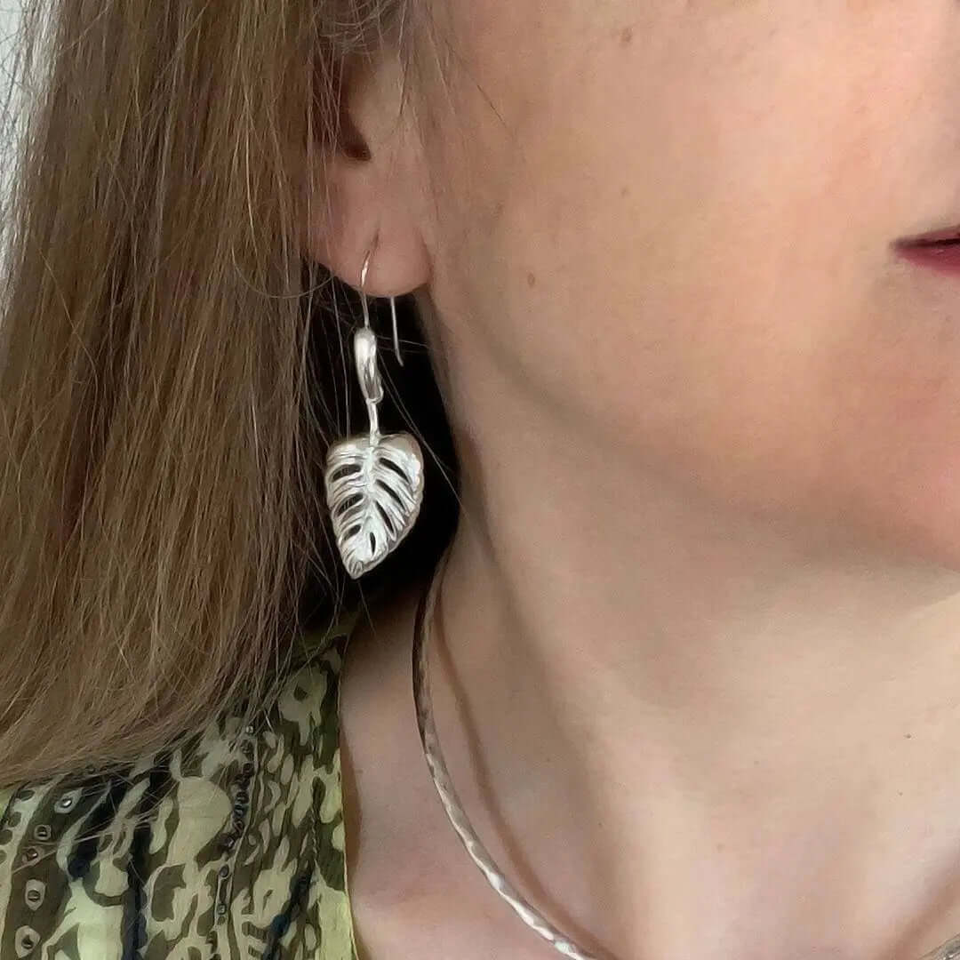 Leaf Earrings In Silver with model - Nueve Sterling