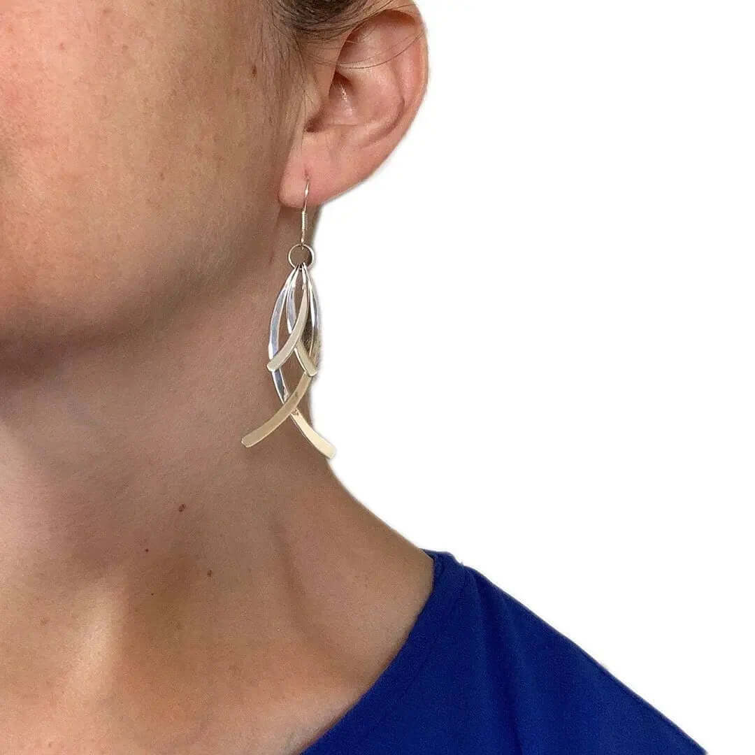 Long Combined Fish Silver Earrings with model - Nueve Sterling