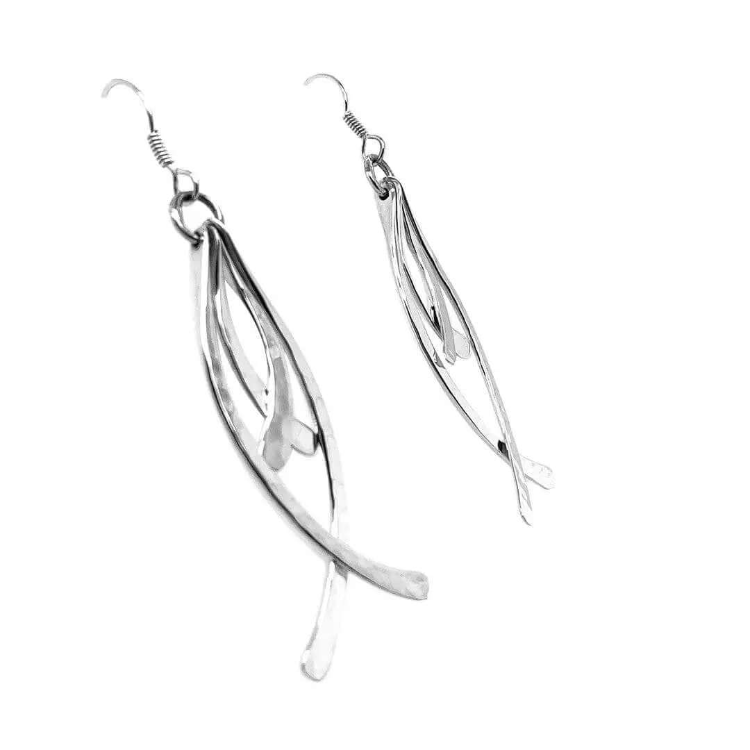 Long Combined Fish Silver Earrings side - Nueve Sterling