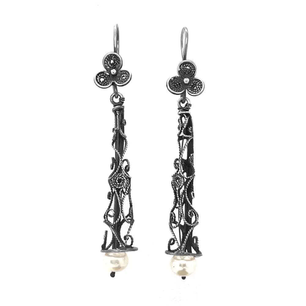 Long Filigree Pearl Oxidized Silver Earrings - Nueve Sterling