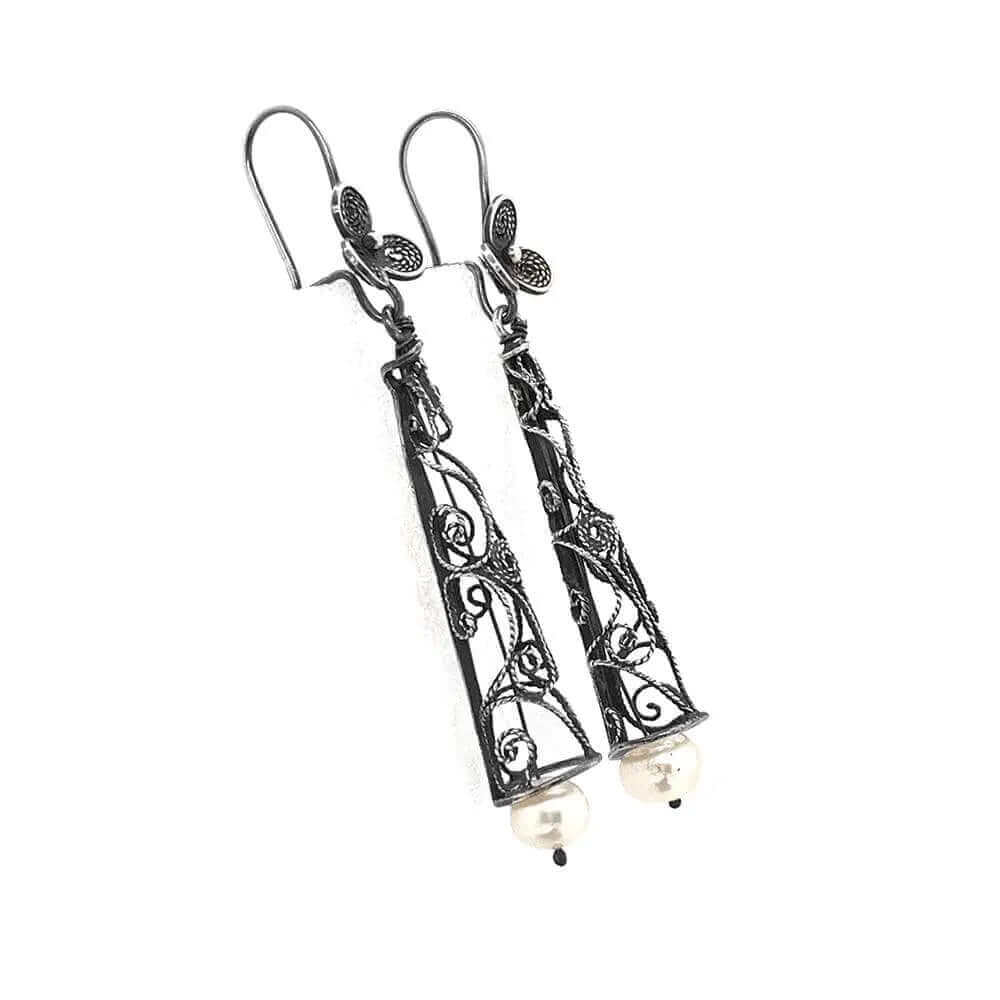 Long Filigree Pearl Oxidized Silver Earrings side - Nueve Sterling