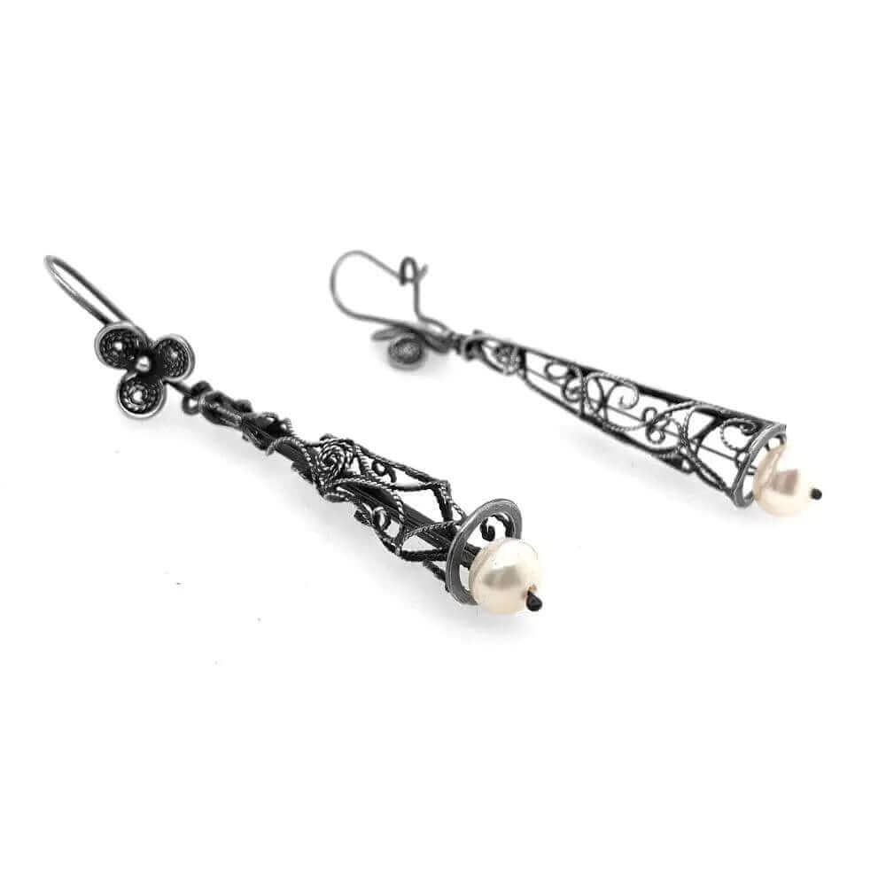 Long Filigree Pearl Oxidized Silver Earrings flat - Nueve Sterling
