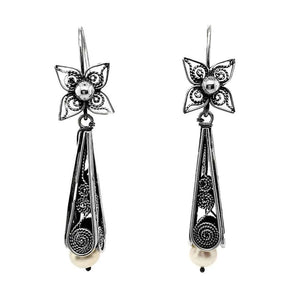 Long Filigree Flower Oxidized Silver Earrings - Nueve Sterling