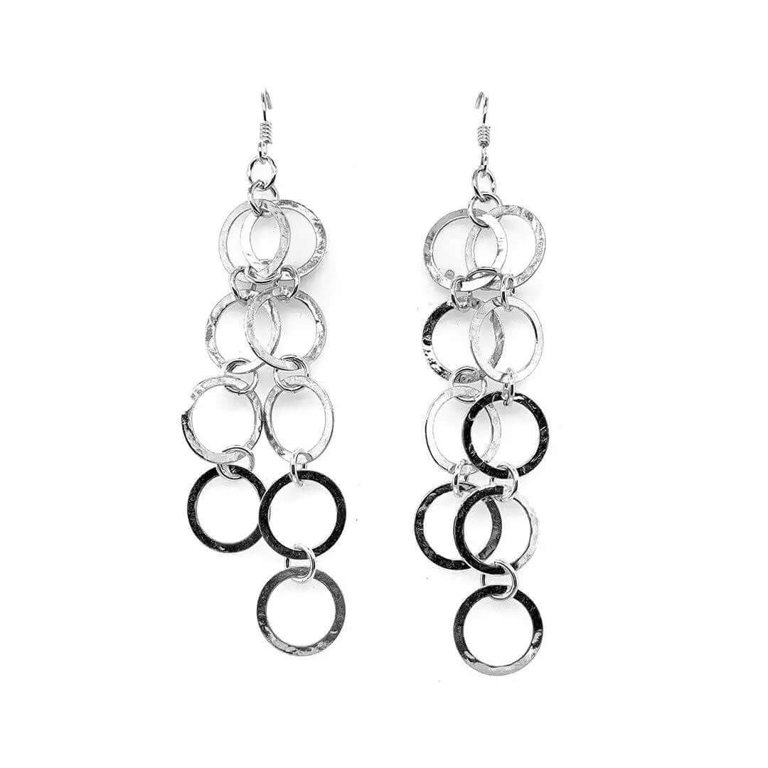 Long Hammered Circles Silver Earrings - Nueve Sterling