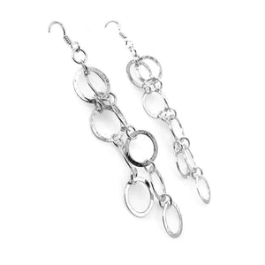 Long Hammered Circles Silver Earrings side - Nueve Sterling