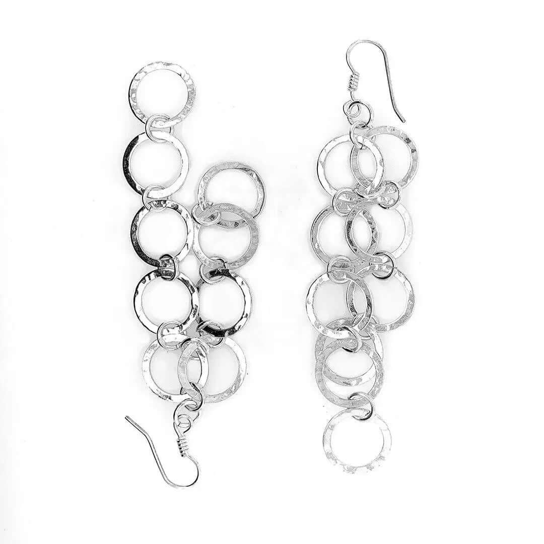 Long Hammered Circles Silver Earrings top - Nueve Sterling