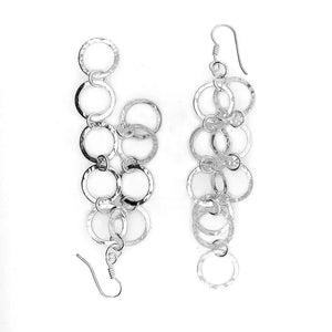 Long Hammered Circles Silver Earrings top - Nueve Sterling