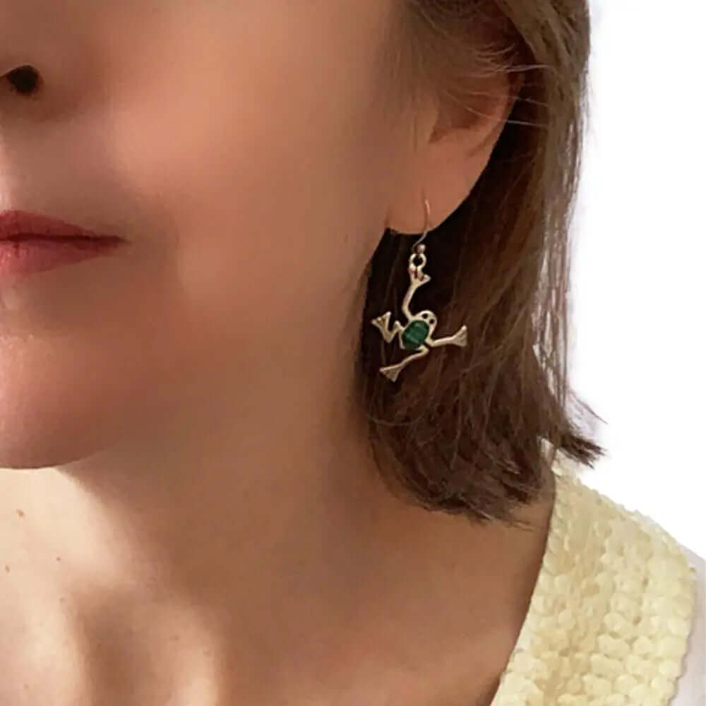 Malachite Frog Silver Earrings with model - Nueve Sterling