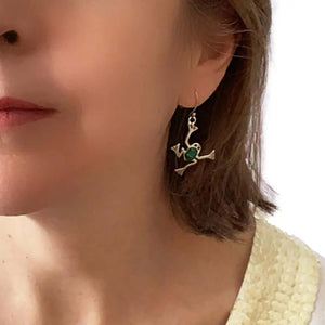 Malachite Frog Silver Earrings with model - Nueve Sterling