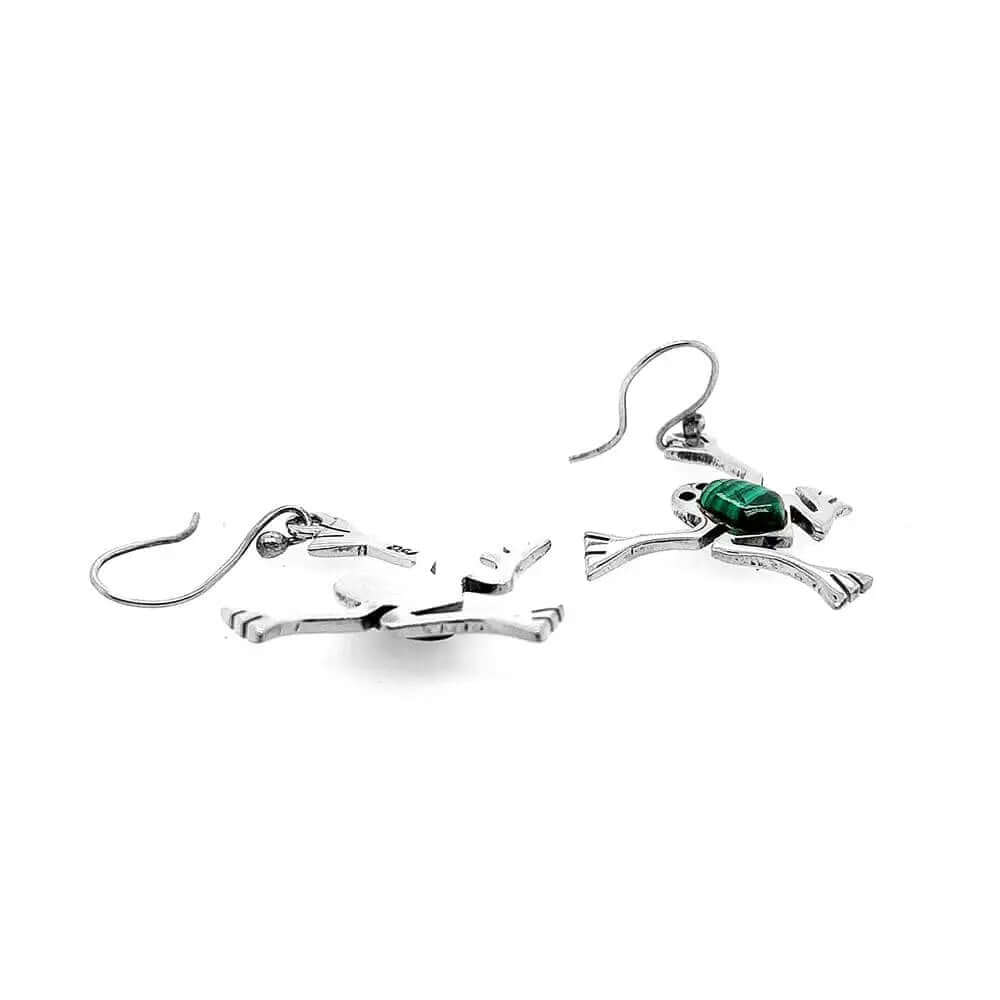 Malachite Frog Silver Earrings flat - Nueve Sterling