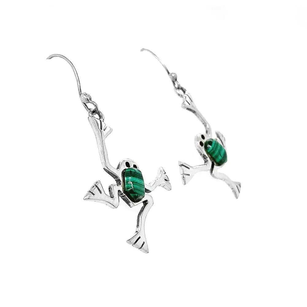 Malachite Frog Silver Earrings side - Nueve Sterling
