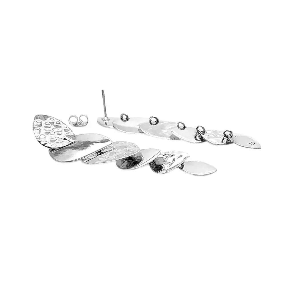 Long Double Texture Silver Earrings flat - Nueve Sterling