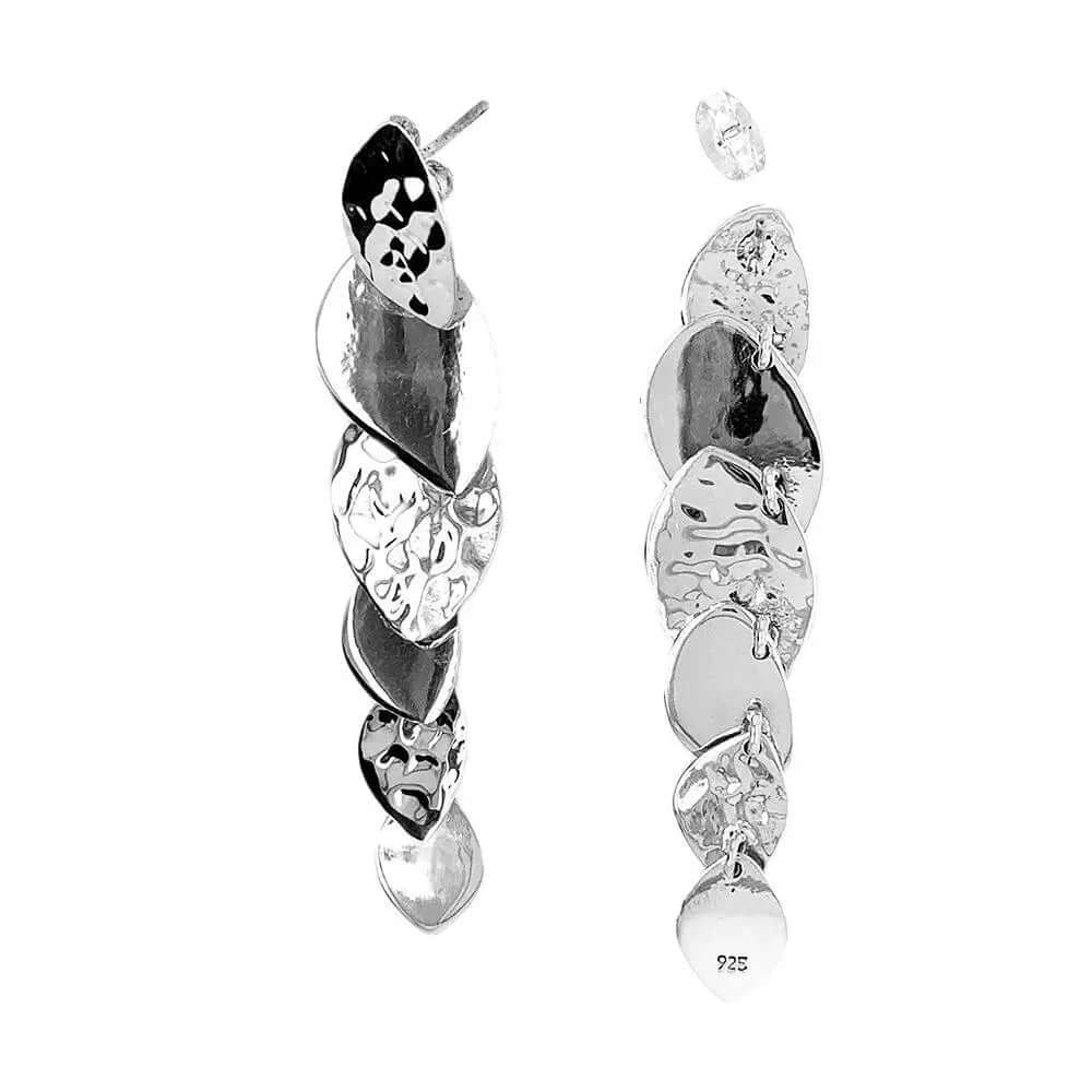 Long Double Texture Silver Earrings top - Nueve Sterling