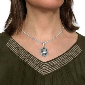 Oval Beaded Silver Pendant with model - Nueve Sterling