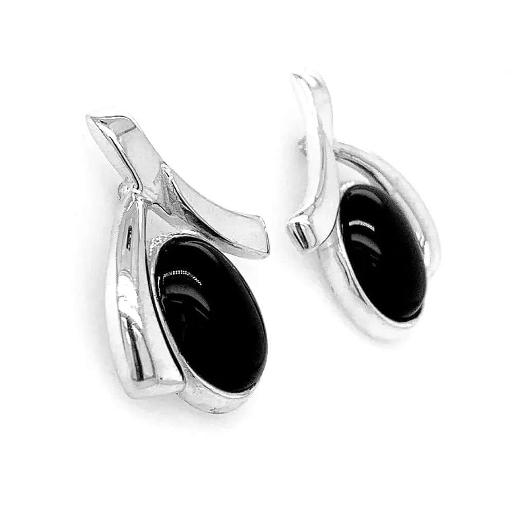 Oval Obsidian Earrings In Silver side - Nueve Sterling