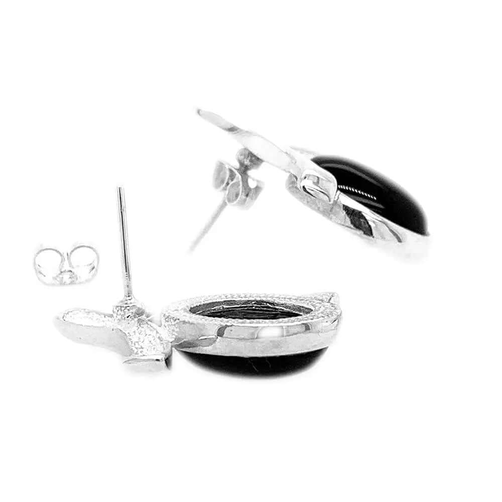 Oval Obsidian Earrings In Silver flat - Nueve Sterling