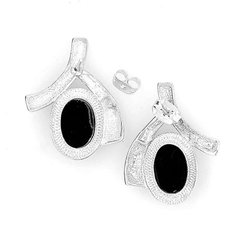 Oval Obsidian Earrings In Silver back - Nueve Sterling