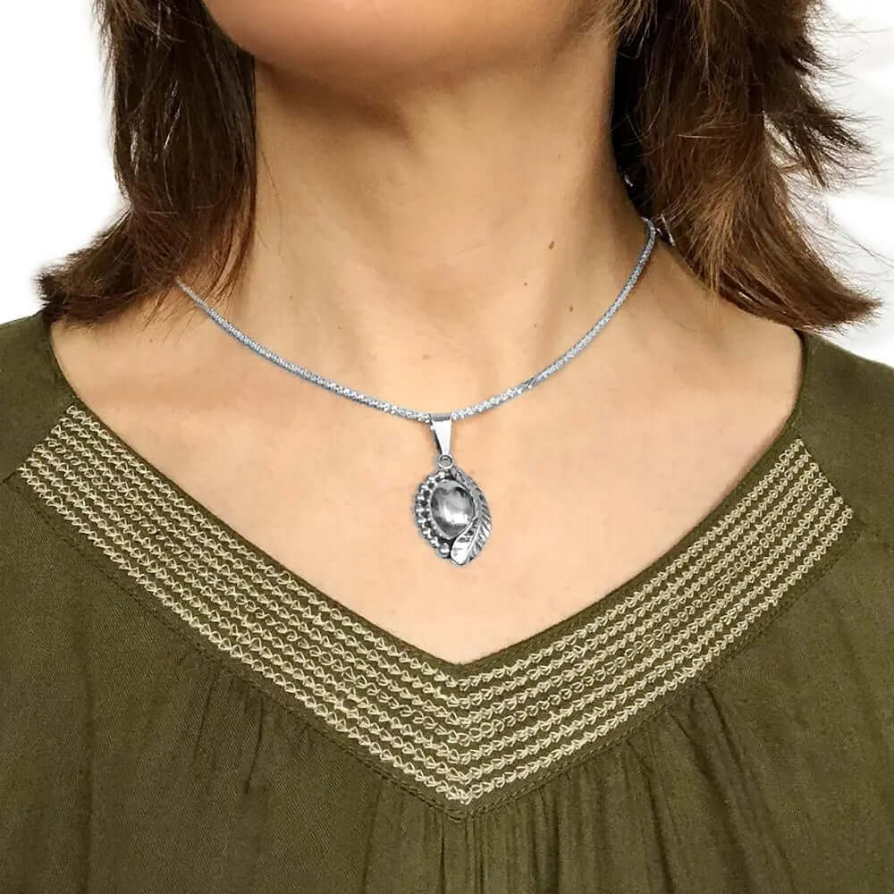 Oval Silver Pendant with Leaf with model - Nueve Sterling