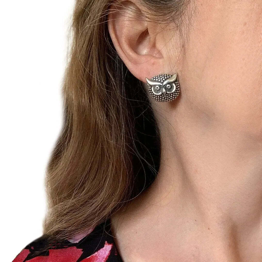 Owl Silver Earrings with model - Nueve Sterling