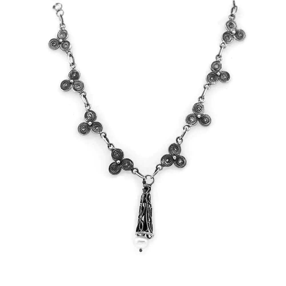 Oxidized Silver Necklace And Pearl - Nueve Sterling