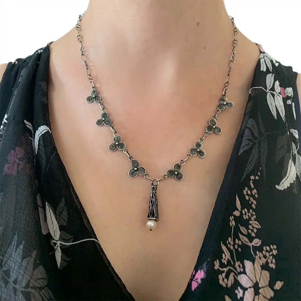 Oxidized Silver Necklace And Pearl with model - Nueve Sterling