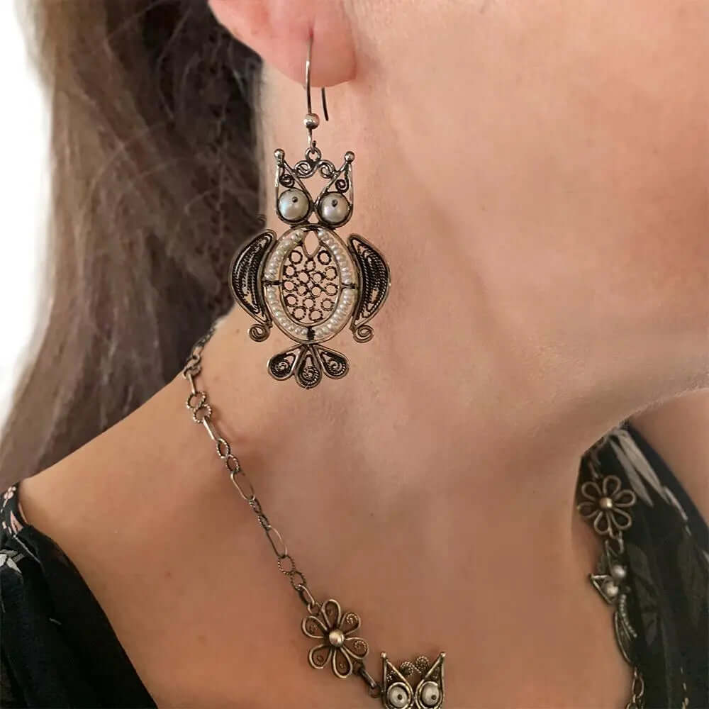 Oxidized Silver Owl Earrings with model - Nueve Sterling
