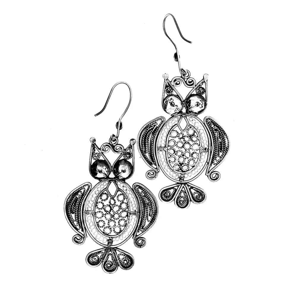 Oxidized Silver Owl Earrings top - Nueve Sterling