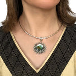 Oxidized Silver Sun Pendant with Abalone with model - Nueve Sterling