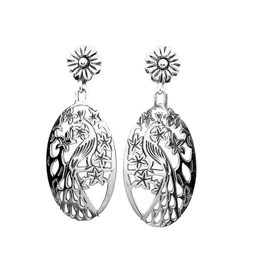 Peacock Oval Silver Earrings - Nueve Sterling