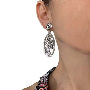 Peacock Oval Silver Earrings with model - Nueve Sterling