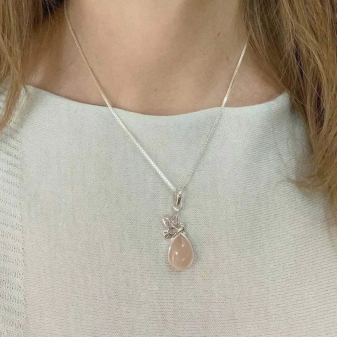 Rose Quartz Hummingbird Silver Pendant with model - Nueve Sterling