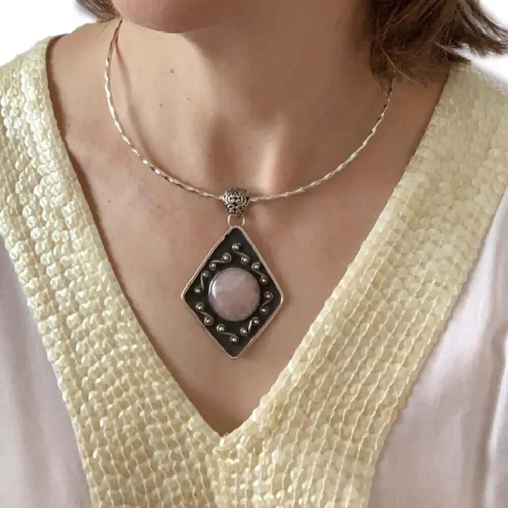 Rose Quartz Oxidized Silver Pendant with model - Nueve Sterling