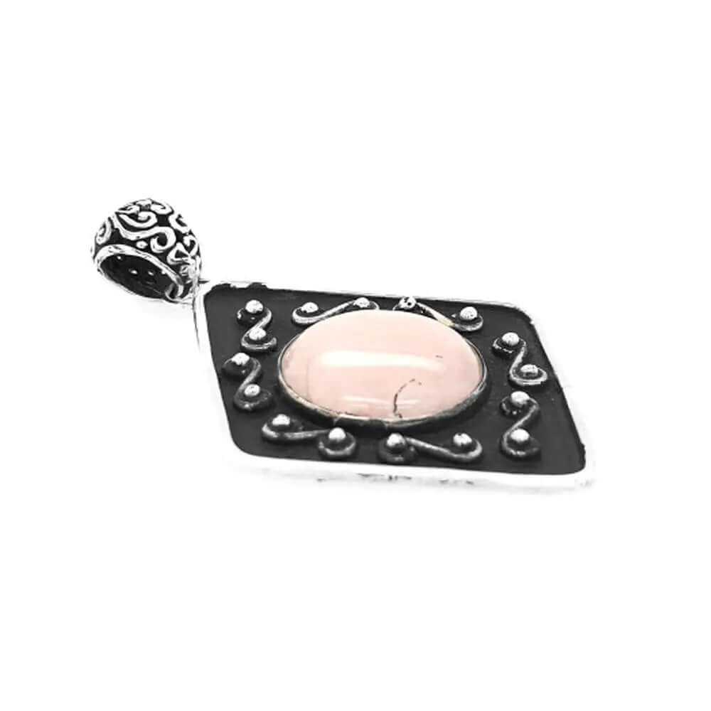 Rose Quartz Oxidized Silver Pendant side - Nueve Sterling