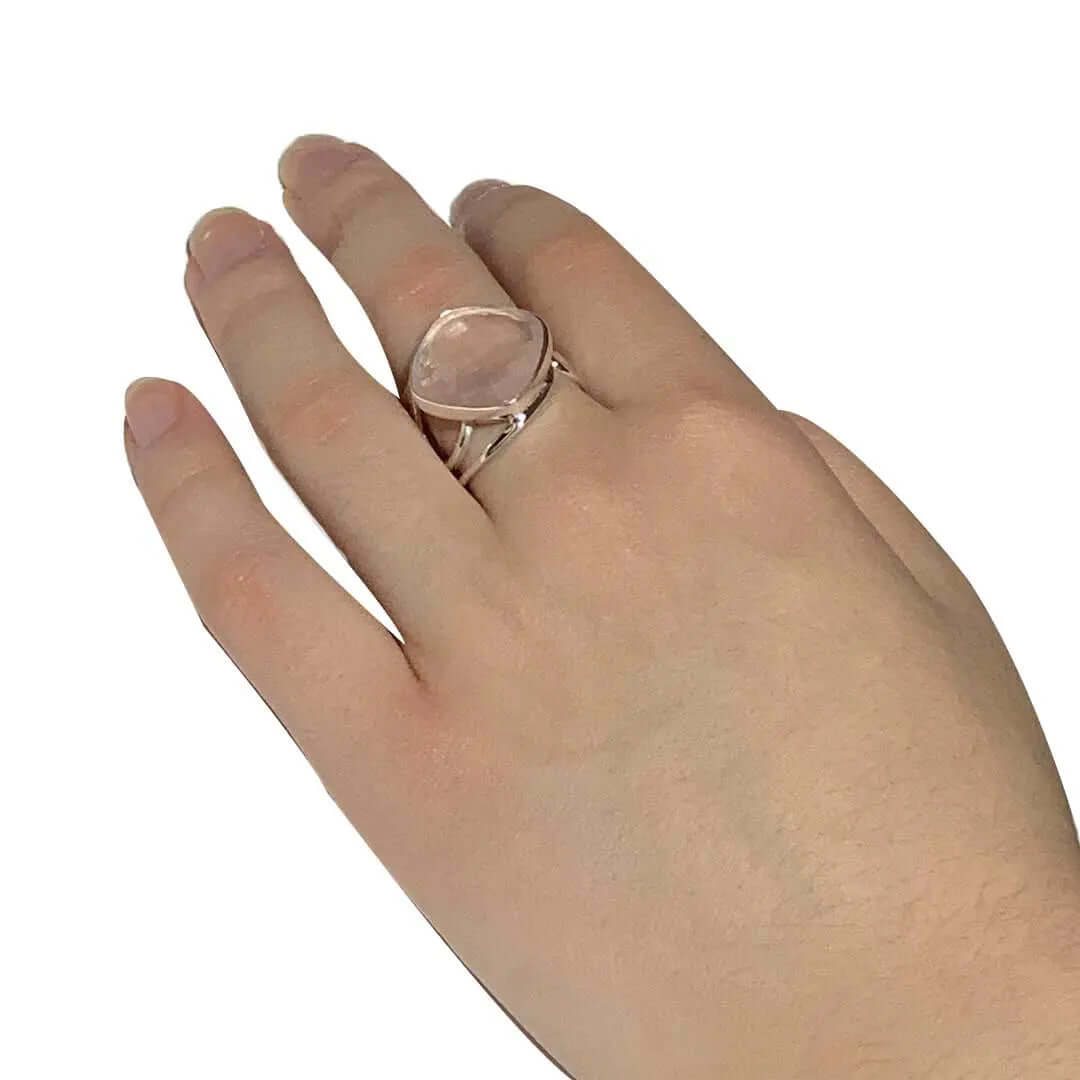 Rose Quartz Wired Silver Ring with model - Nueve Sterling