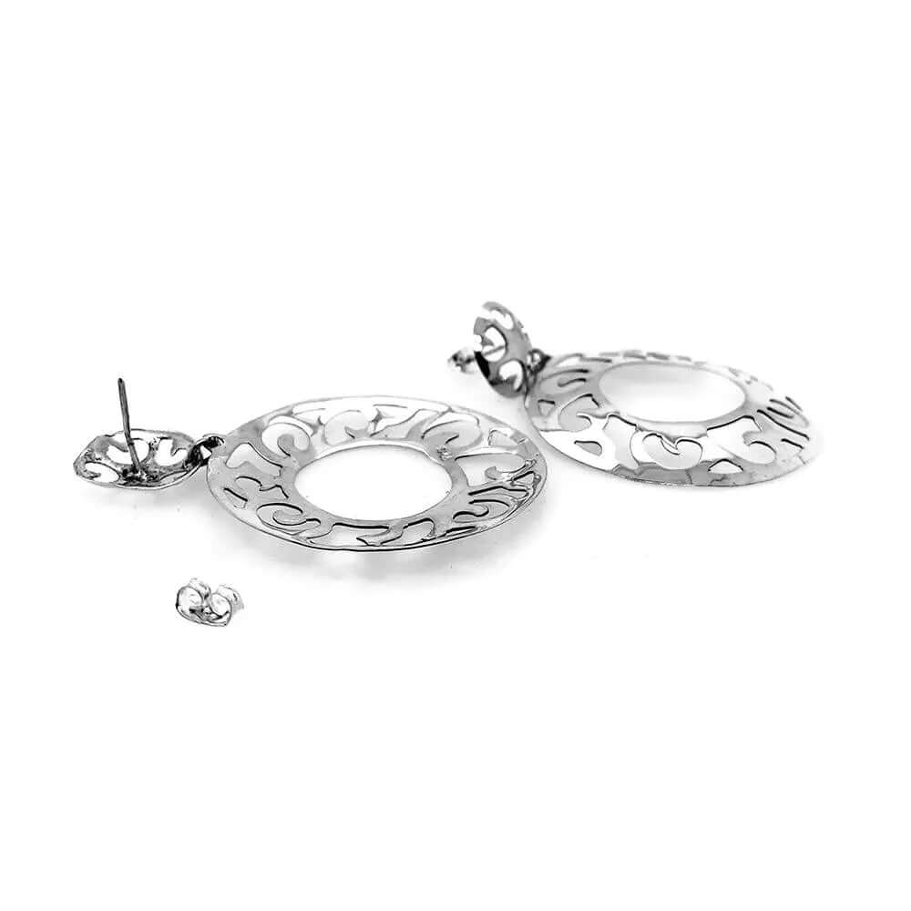Round Openwork Silver Earrings flat - Nueve Sterling