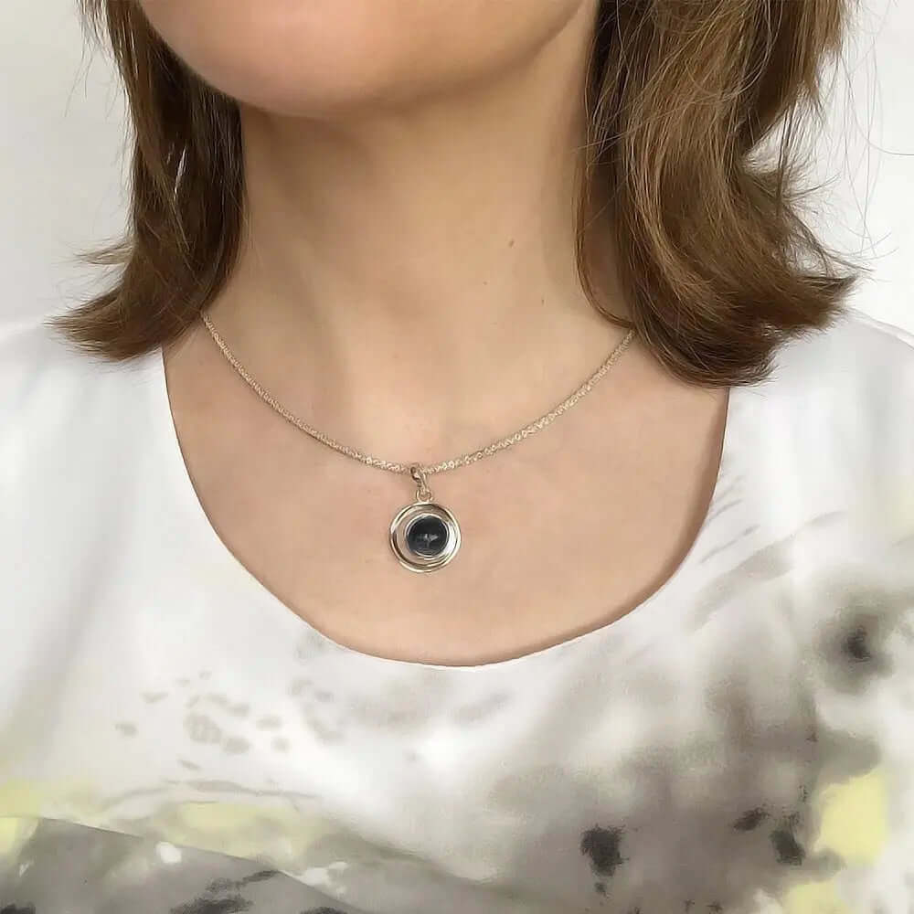 Round Silver Pendant With Gemstone with model - Nueve Sterling