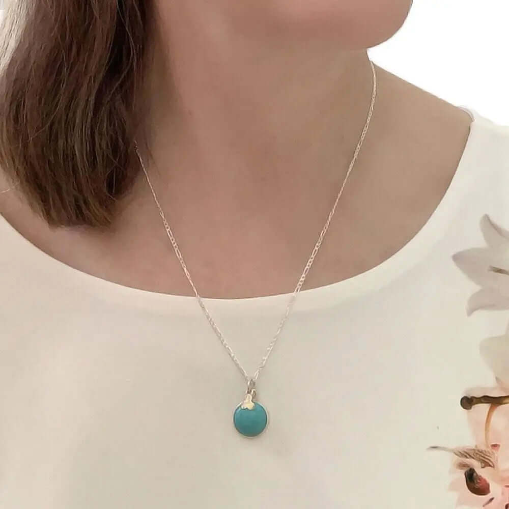 Round Turquoise Silver Pendant With Chain with model - Nueve Sterling