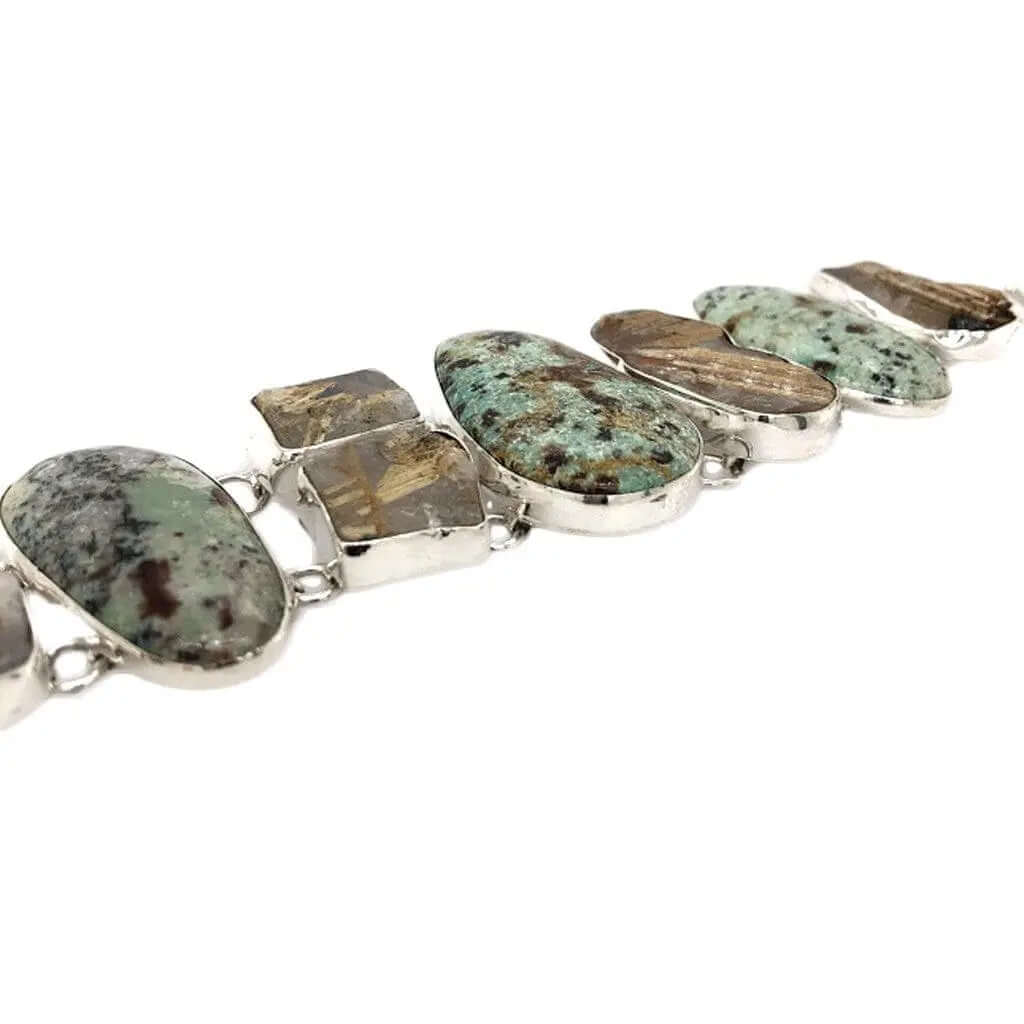 Rutilated Quartz Turquoise Silver Bracelet flat - Nueve Sterling