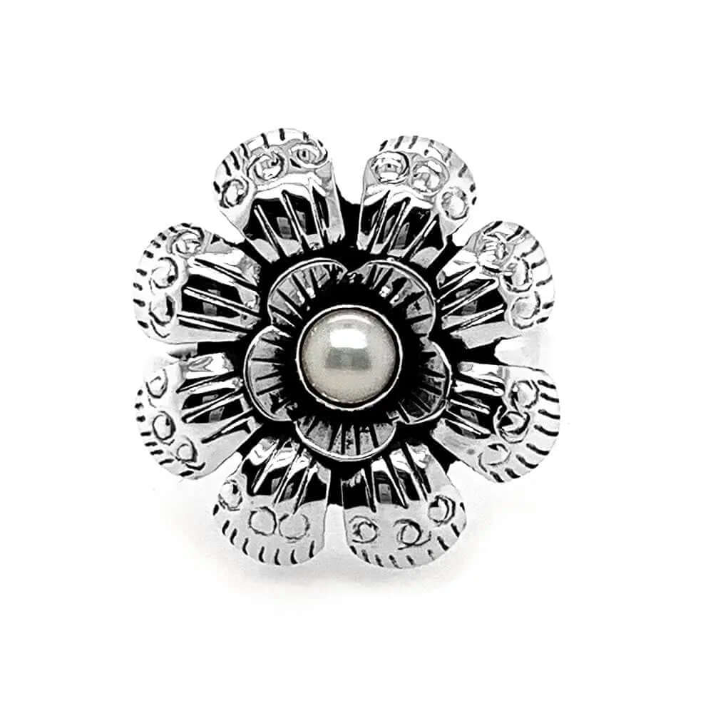 Silver Flower Ring With Pearl - Nueve Sterling