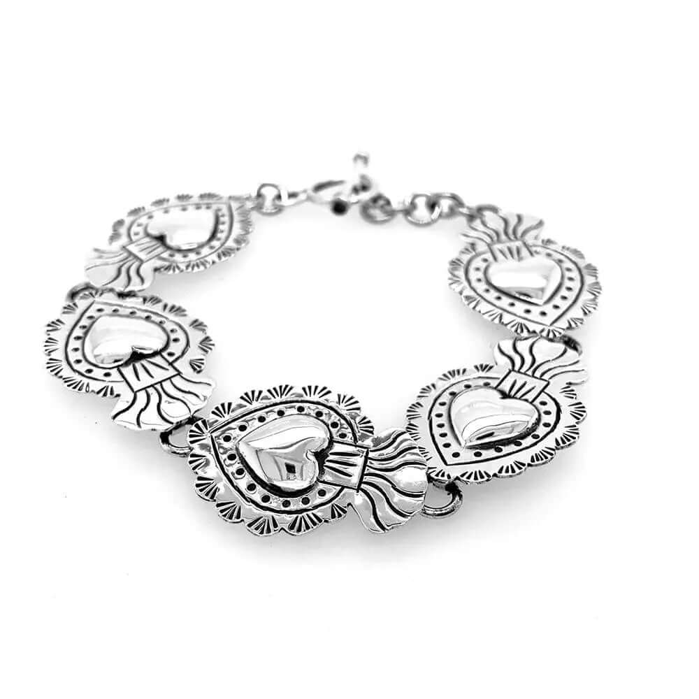 Silver Bracelet With Mexican Sacred Hearts Nueve Sterling