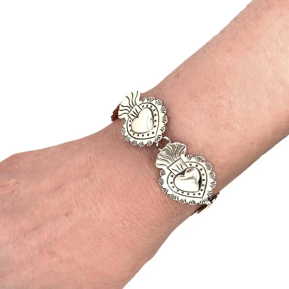 Silver Bracelet With Mexican Sacred Hearts Nueve Sterling