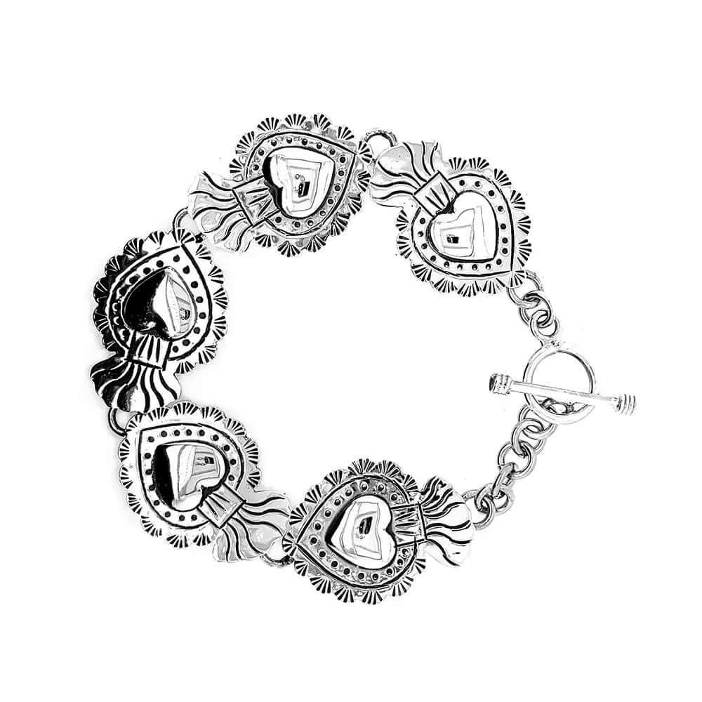 Silver Bracelet With Mexican Sacred Hearts Nueve Sterling