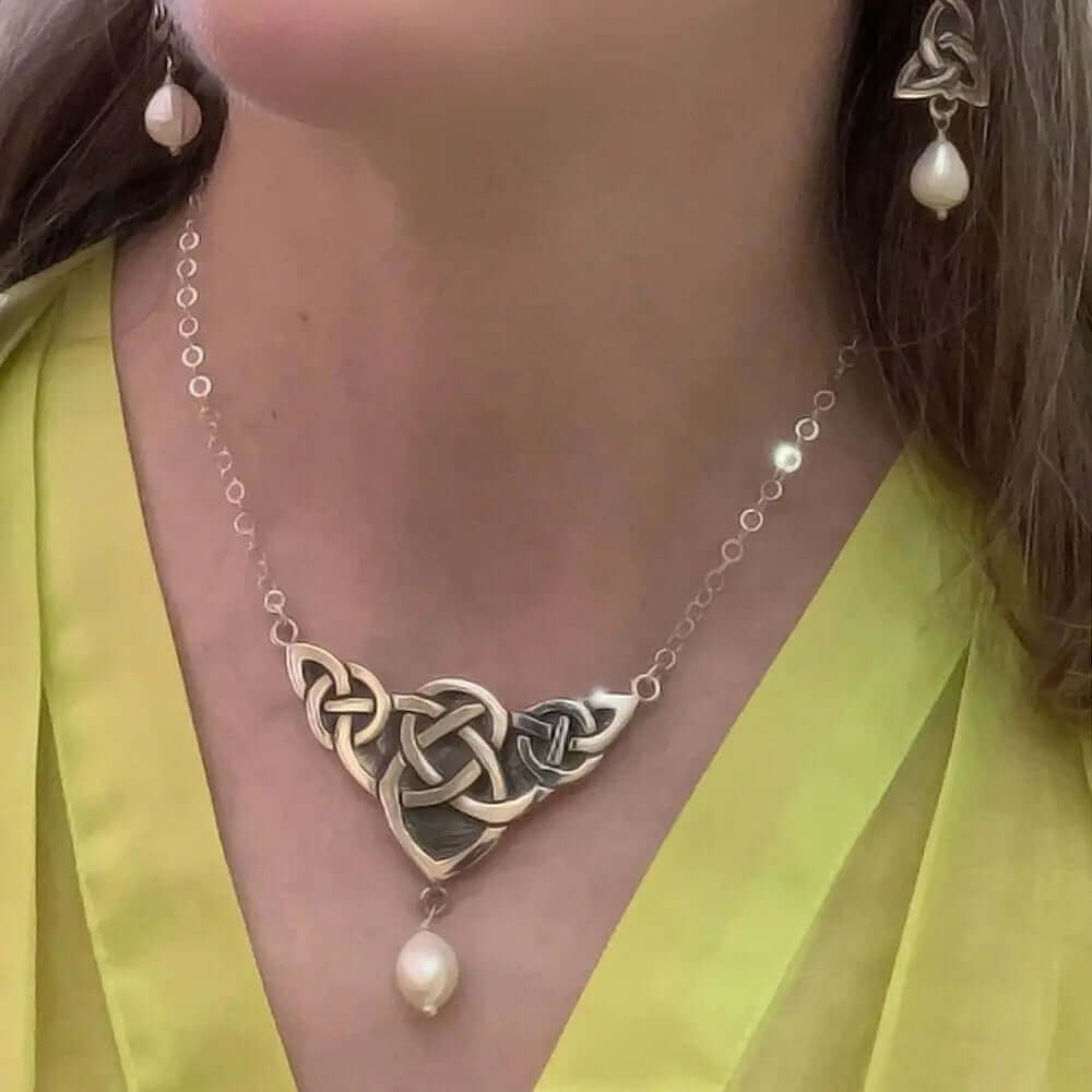 Silver Celtic Necklace With Pearl with model - Nueve Sterling
