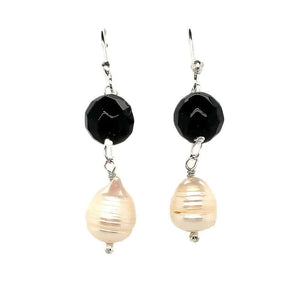 Silver Earrings With Onyx And Pearl - Nueve Sterling