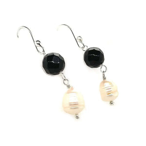 Silver Earrings With Onyx And Pearl side - Nueve Sterling