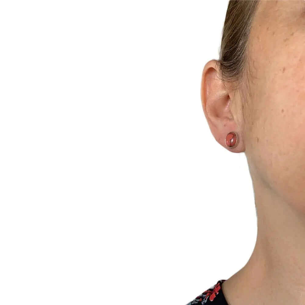 Silver Earrings with Marbled Coral with model - Nueve Sterling
