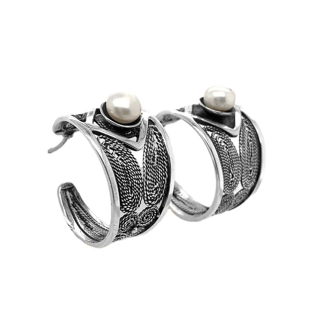 Silver Filigree And Pearl Earrings side - Nueve Sterling