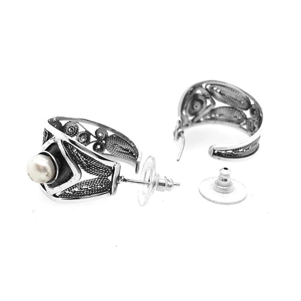 Silver Filigree And Pearl Earrings flat - Nueve Sterling