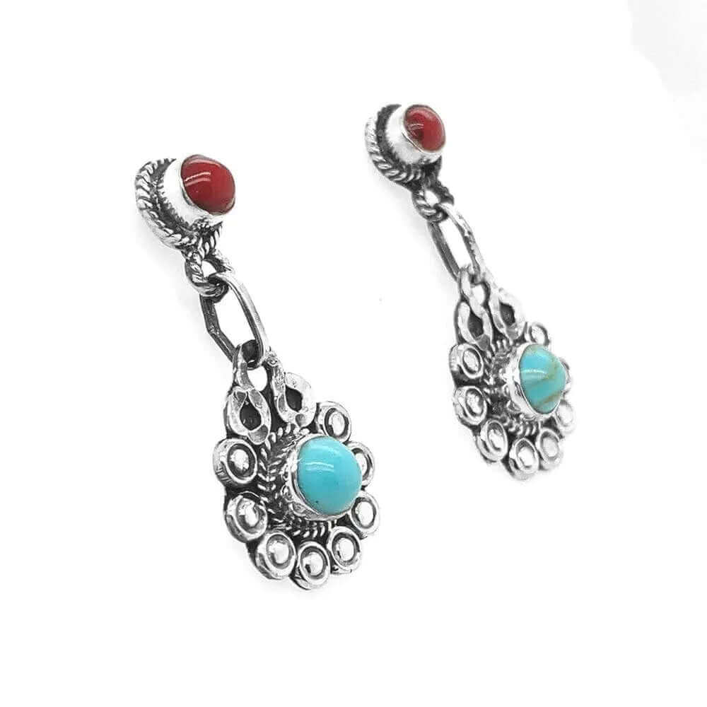 Long Mexican earrings for women 925 sterling silver red coral and turquoise  blue – LaBizarreSusu